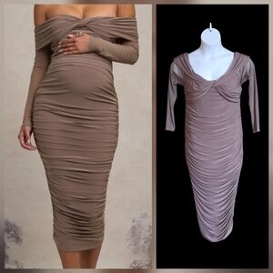 Club L London Maternitu Dress Neva Mocha Bardot Twist Midi Off Shoulder Size 12